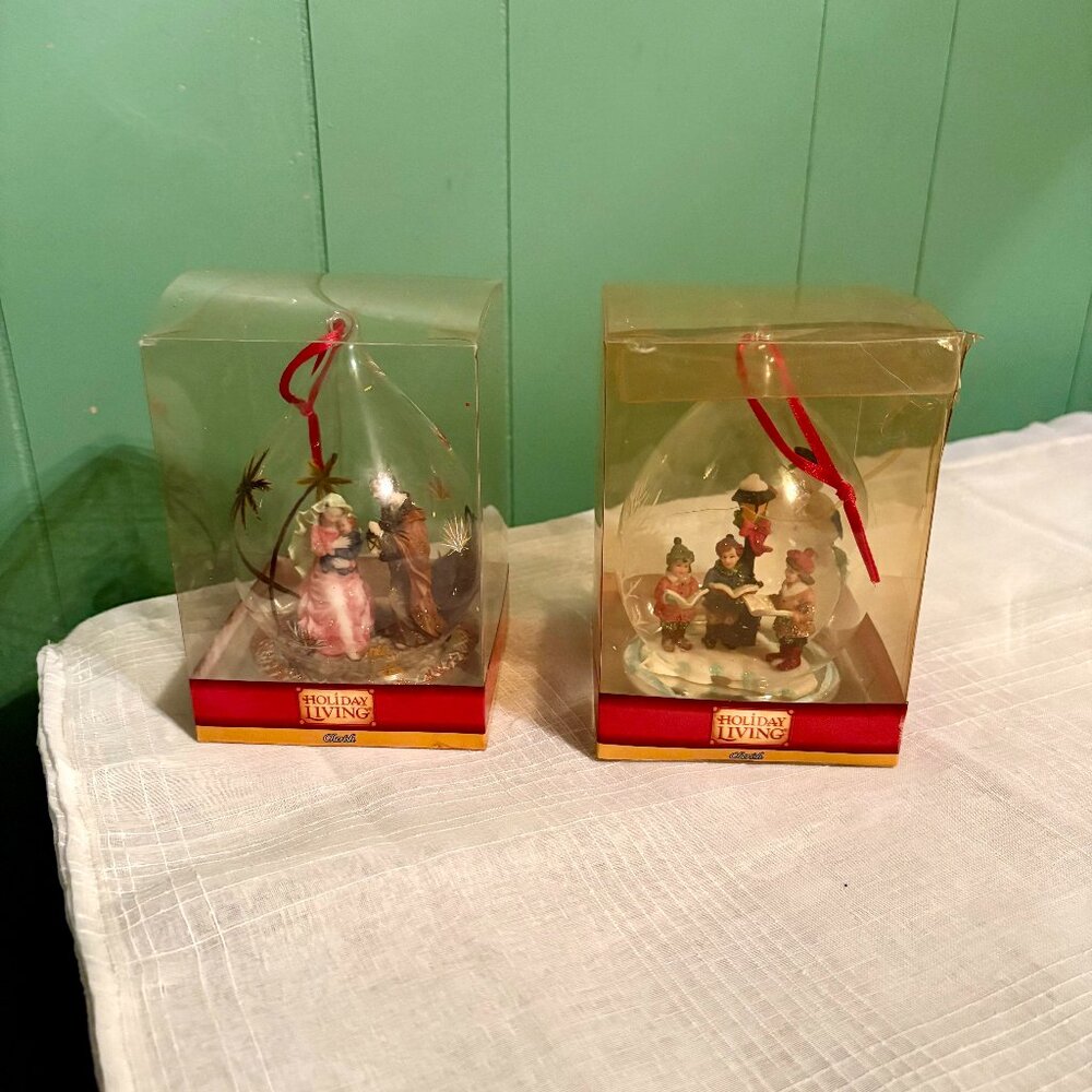 Holiday Living Cherish Glass Christmas Carolers & Nativity Ornament Lot of 2